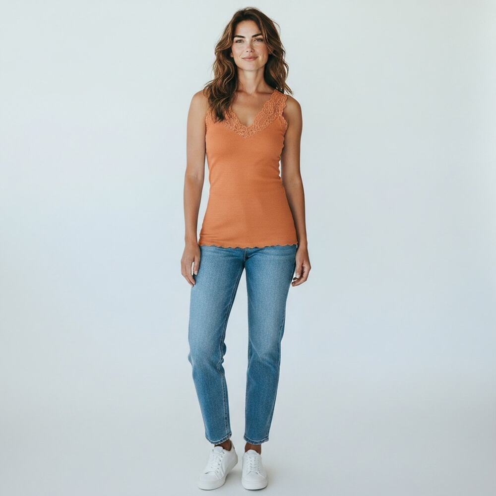 NWT Soya Concept Orange Lace Detail V Neck Ribbed Tank Top #1768 Size XS